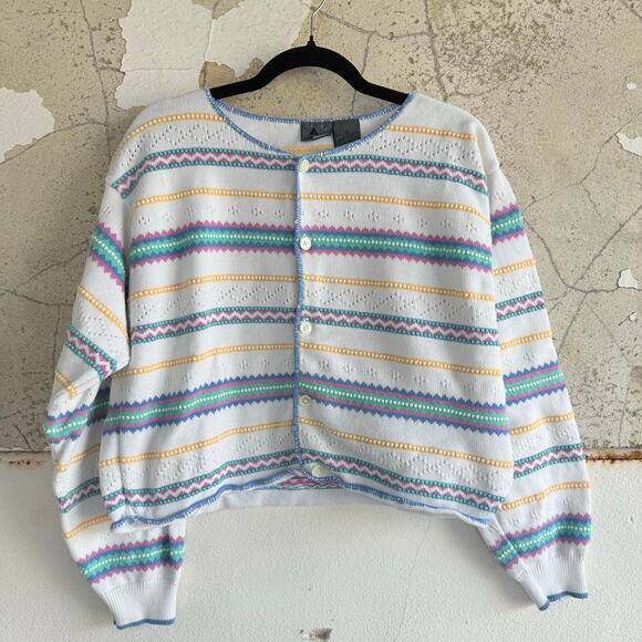 Vtg Liz Claiborne Cardigan Pastel Stripe Cropped Sweater Made in USA 90s Women L - Picture 1 of 9